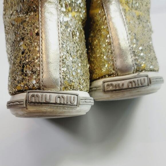 MIU MIU Gold Glitter High Tops w Silver Studded Cap Toe Sneakers, sz 38 EU/ 8 US - Picture 10 of 16